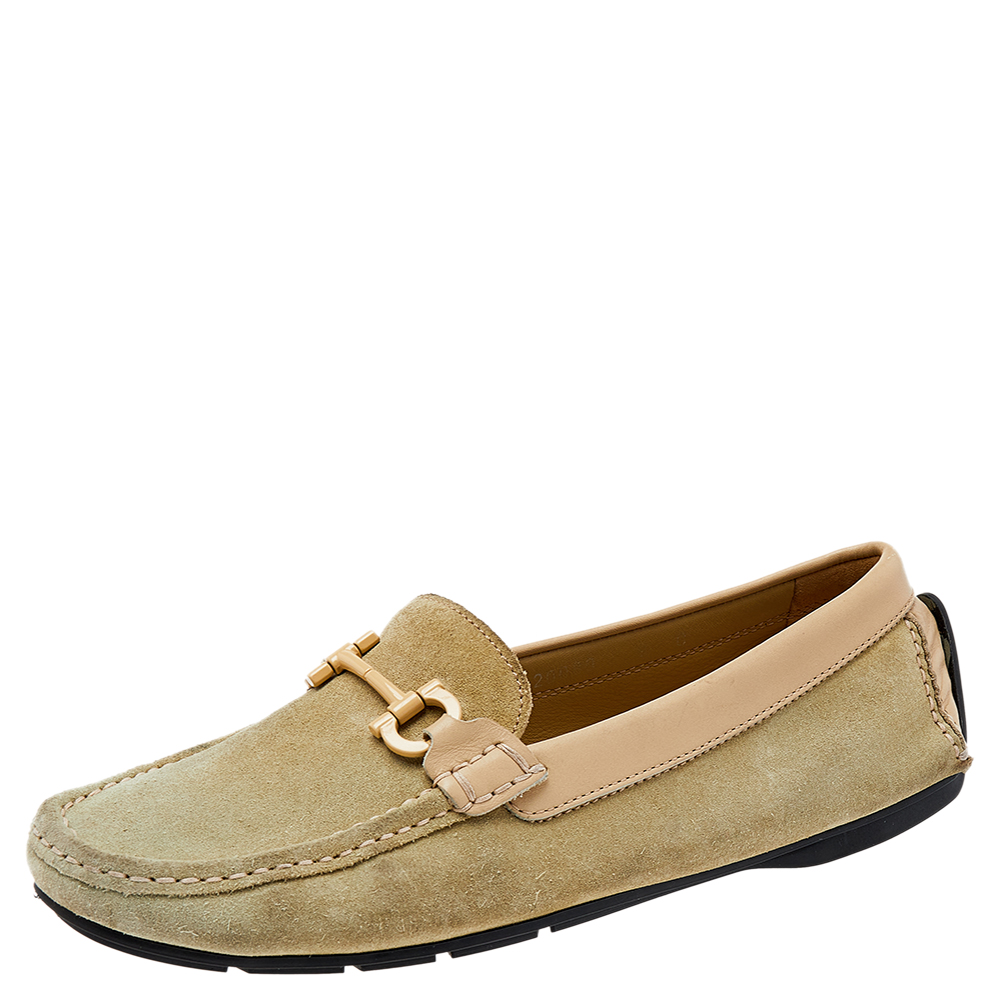 luxury-women-salvatore-ferragamo-used-shoes-p499811-008 Salvatore Ferragamo Green/Beige Suede And Leather Gancini Bit Slip On Loafers Size 39.5