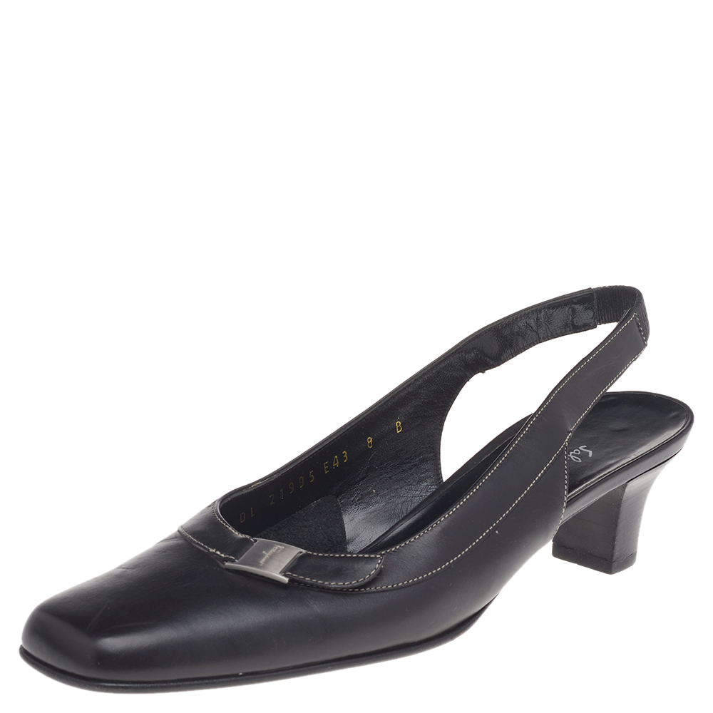 luxury-women-salvatore-ferragamo-used-shoes-p514885-004 Salvatore Ferragamo Black Leather Square Toe Slingback Pumps Size 38.5