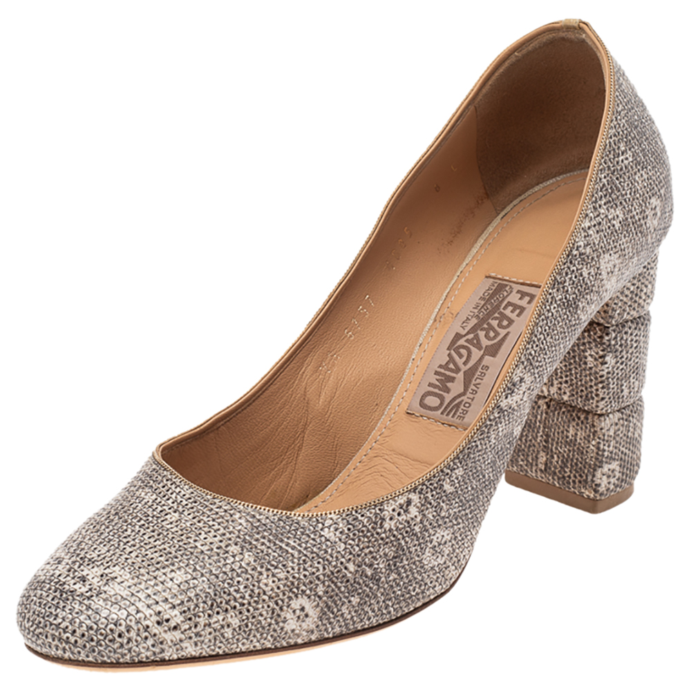luxury-women-salvatore-ferragamo-used-shoes-p514940-008-2 Salvatore Ferragamo Two Tone Lizard Embossed Leather Block Heel Pumps Size 38.5
