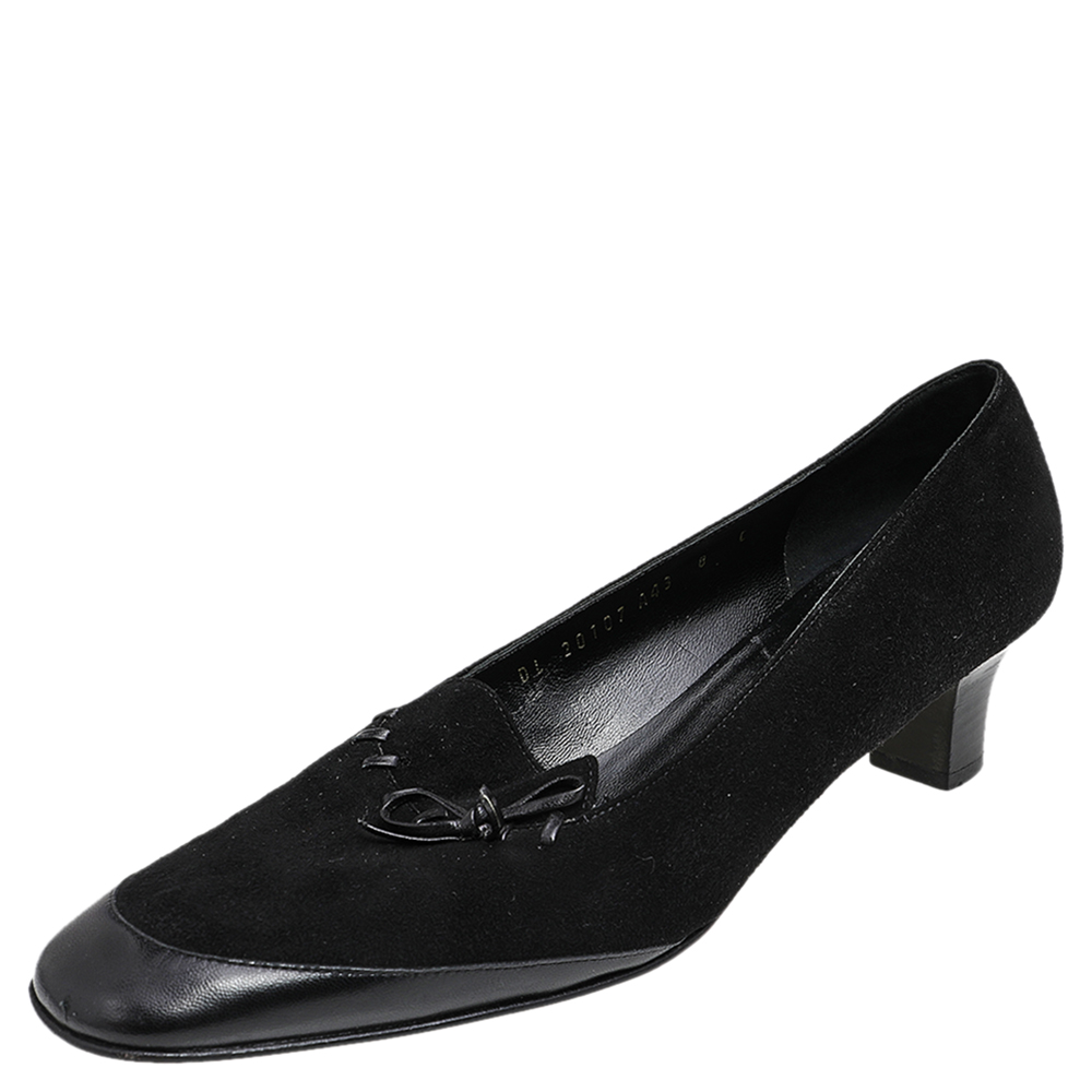 luxury-women-salvatore-ferragamo-used-shoes-p520688-002-2 Salvatore Ferragamo Black Leather And Suede Bow Pumps Size 38.5