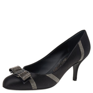 Salvatore Ferragamo Black Satin Crystal Embellished Vara Bow Pumps Size 38