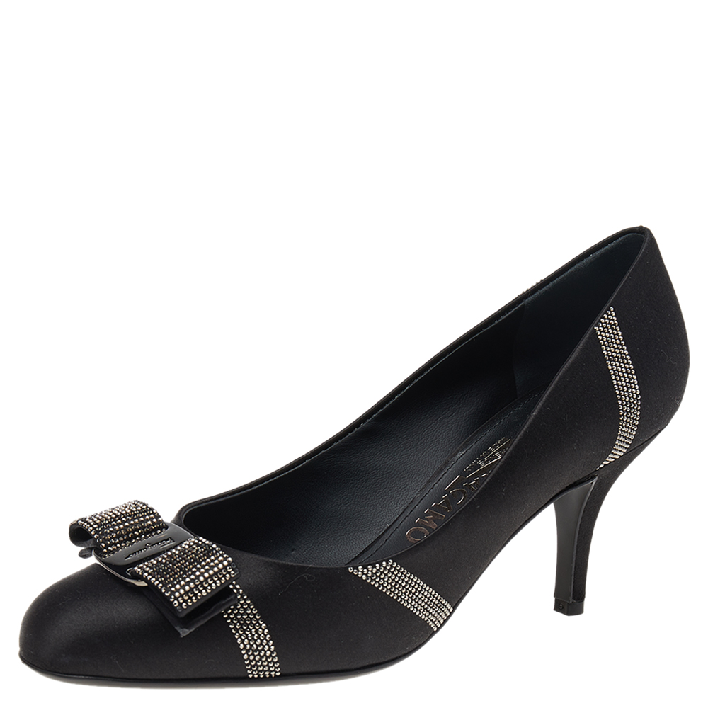 luxury-women-salvatore-ferragamo-used-shoes-p550463-002-2 Salvatore Ferragamo Black Satin Crystal Embellished Vara Bow Pumps Size 38