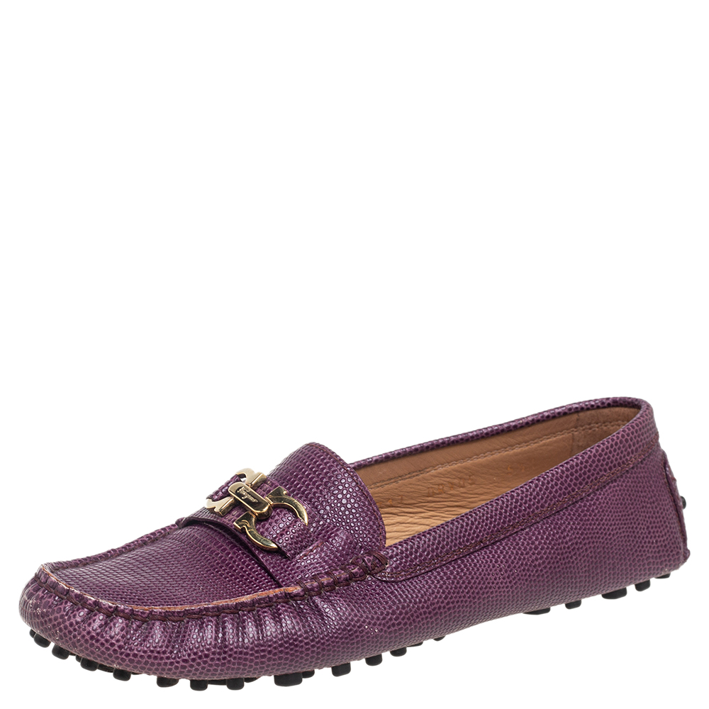 luxury-women-salvatore-ferragamo-used-shoes-p560861-004-2 Salvatore Ferragamo Purple Lizard Embossed Leather Gancini Bit Loafers Size 36