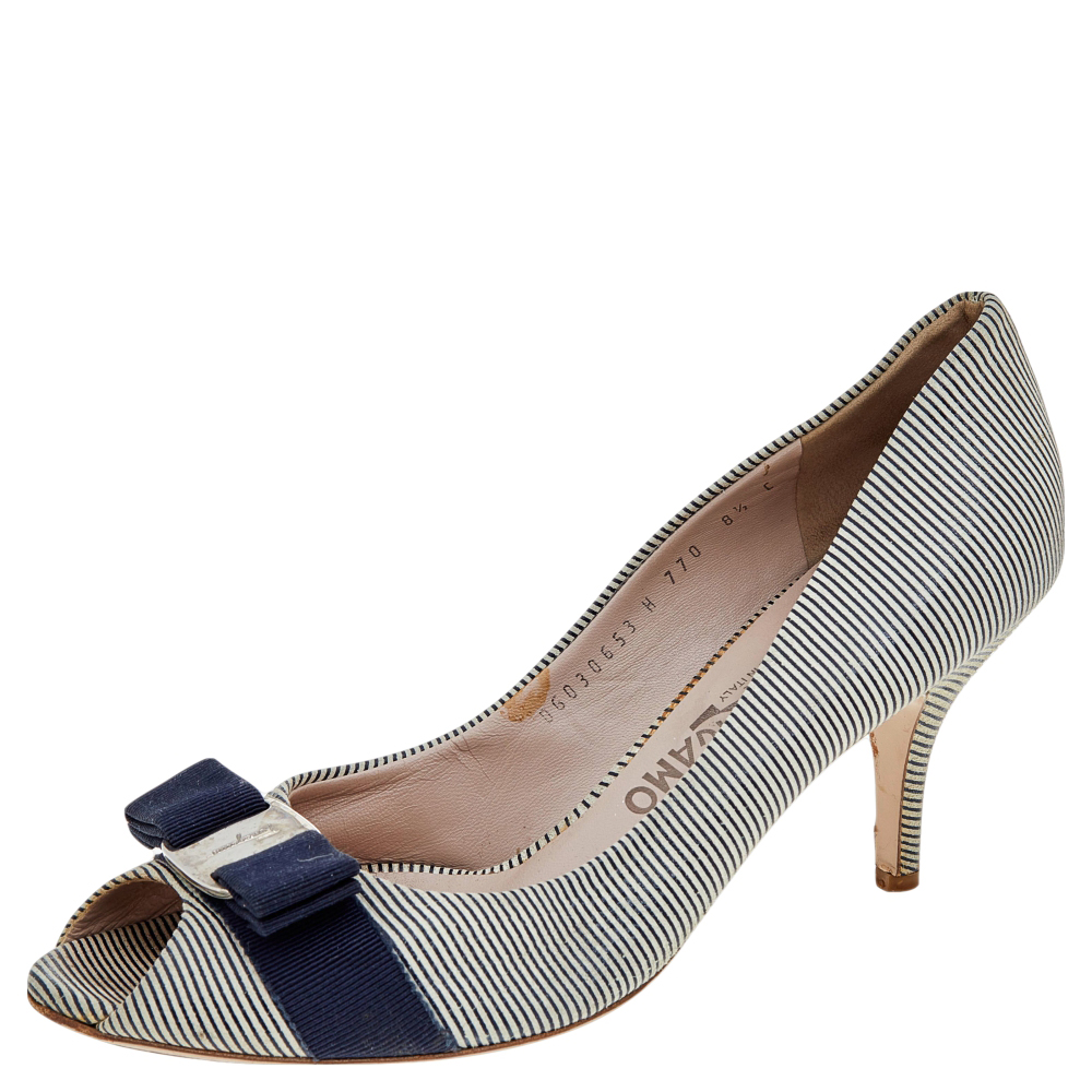 luxury-women-salvatore-ferragamo-used-shoes-p562310-006-1 Salvatore Ferragamo Blue/White Canvas Vara Bow Peep Toe Pumps Size 39