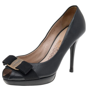 Salvatore Ferragamo Black Leather Vara Bow Peep Toe Pumps Size 36.5