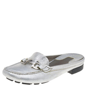 Salvatore Ferragamo Silver Leather Gancini Slip On Mules Size 38.5