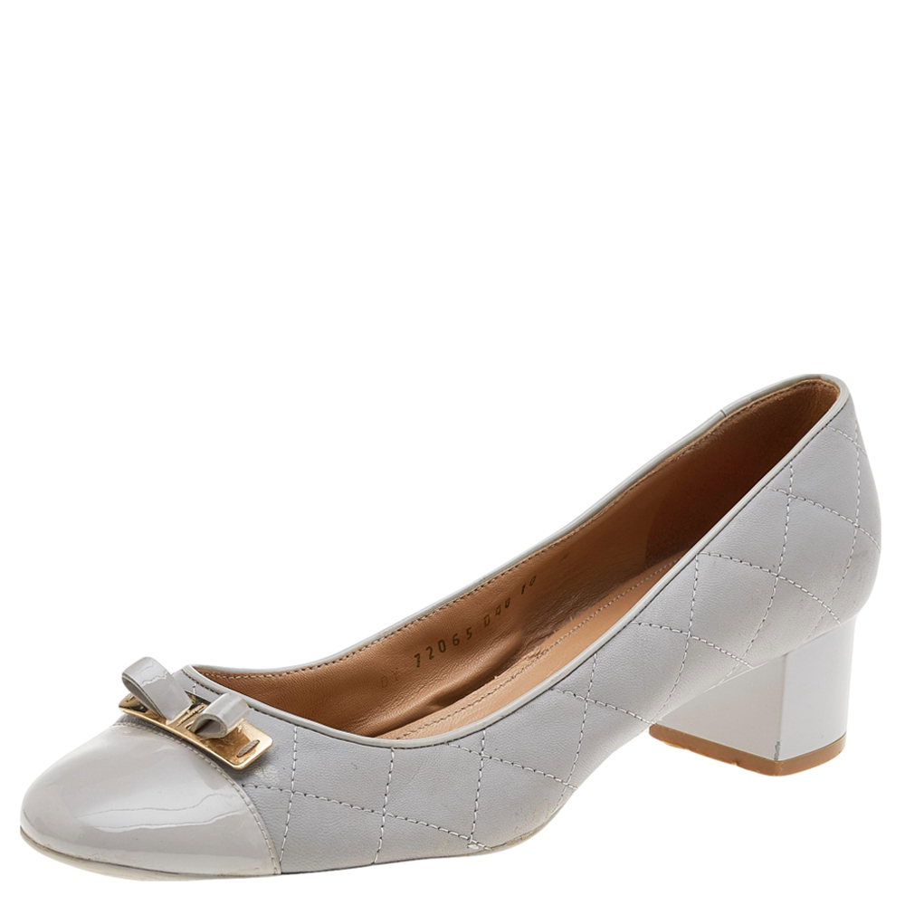 luxury-women-salvatore-ferragamo-used-shoes-p596490-006-2 Salvatore Ferragamo Grey Patent Leather And Quilted Leather Block Heel Pumps Size 40.5