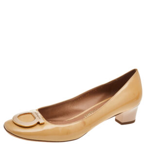 Salvatore Ferragamo Beige Patent Leather Block Heel Pumps Size 40.5