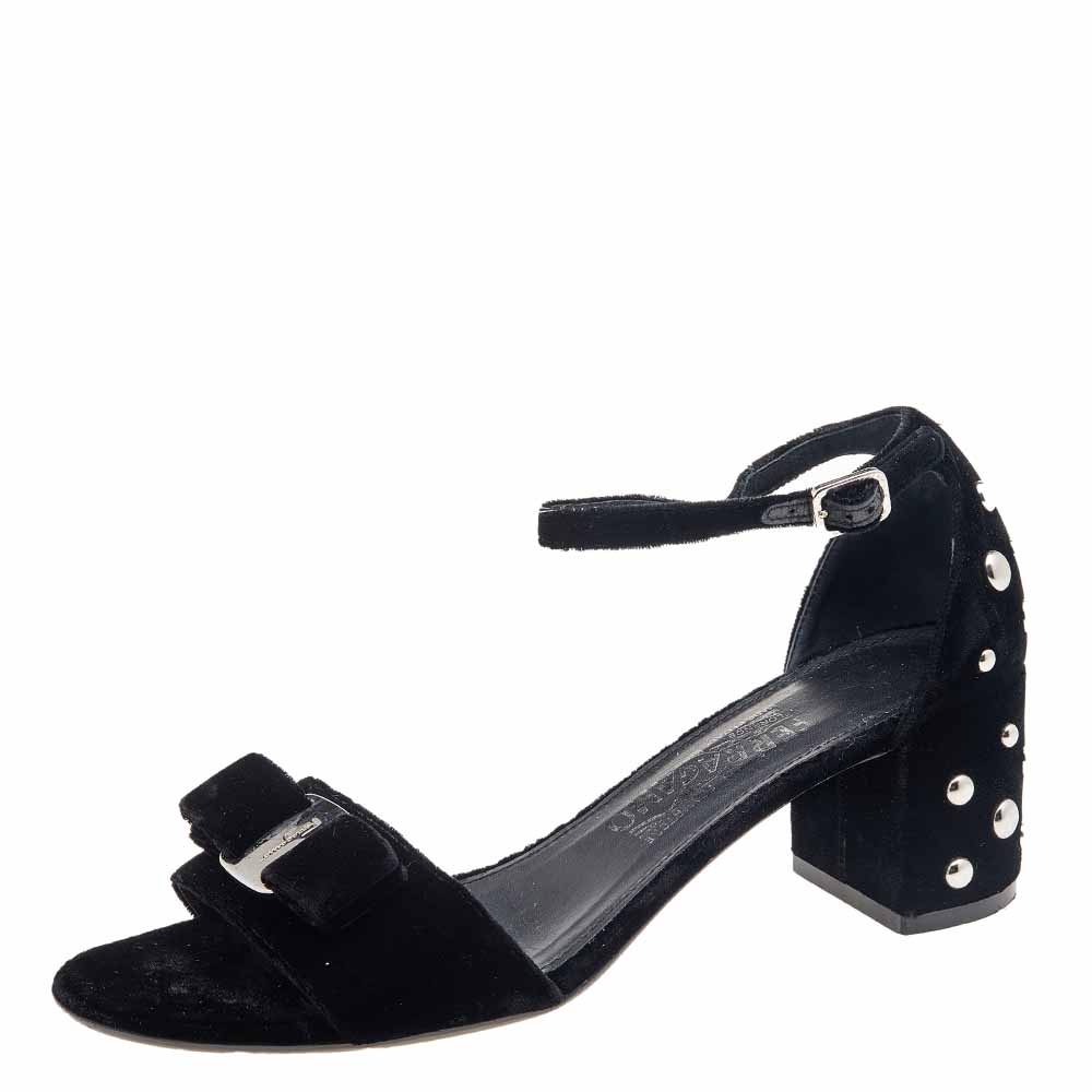 luxury-women-salvatore-ferragamo-used-shoes-p612659-010-1 Salvatore Ferragamo Black Velvet Studded Block Heel Ankle Strap Sandals Size 38