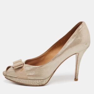 Salvatore Ferragamo Metallic Gold Nubuck Leather Vara Bow Peep Toe Pumps Size 36.5