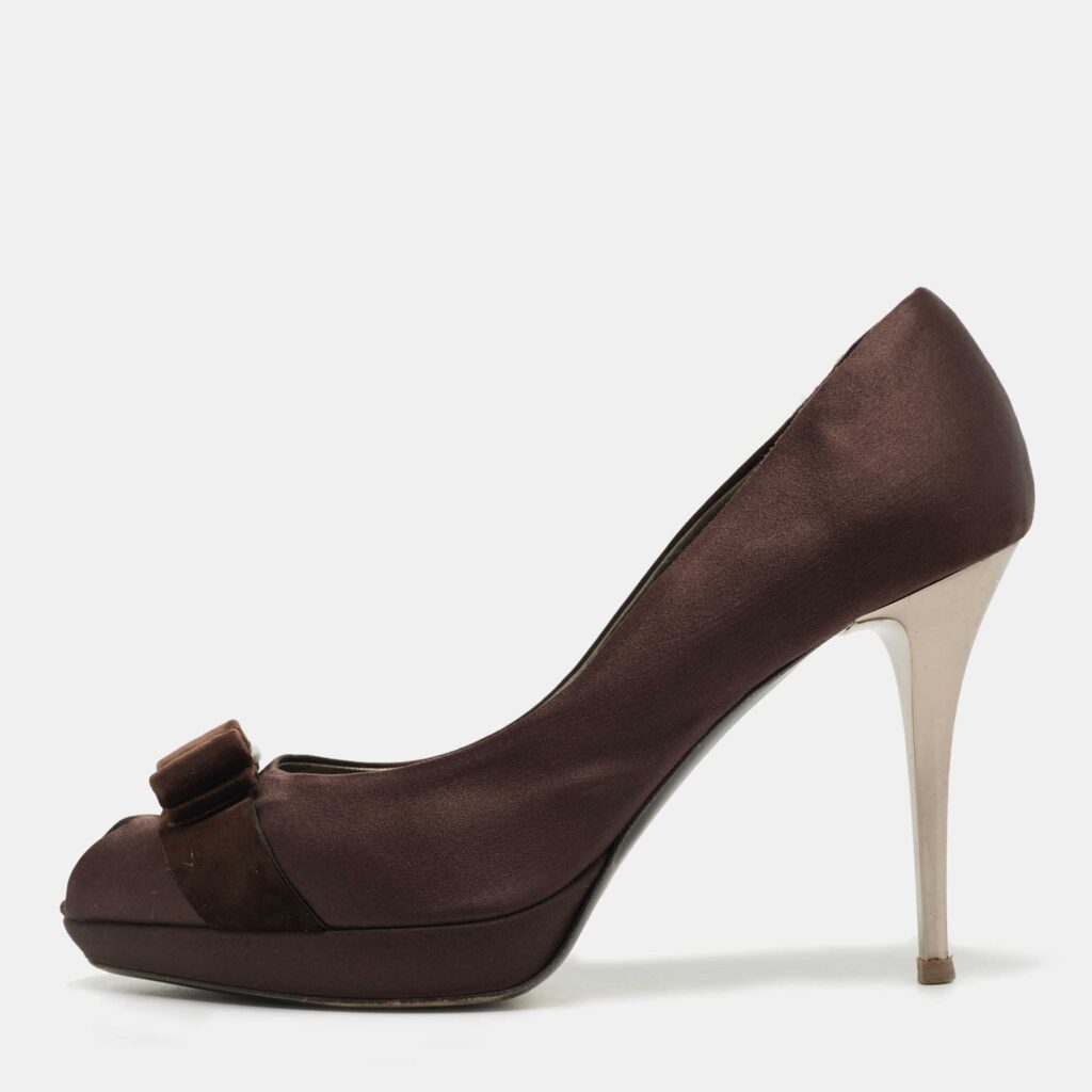Salvatore Ferragamo Brown Satin Vara Bow Peep Toe Pumps Size 40