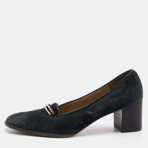 Salvatore Ferragamo Black Nubuck Leather Block Heel Pumps Size 39.5
