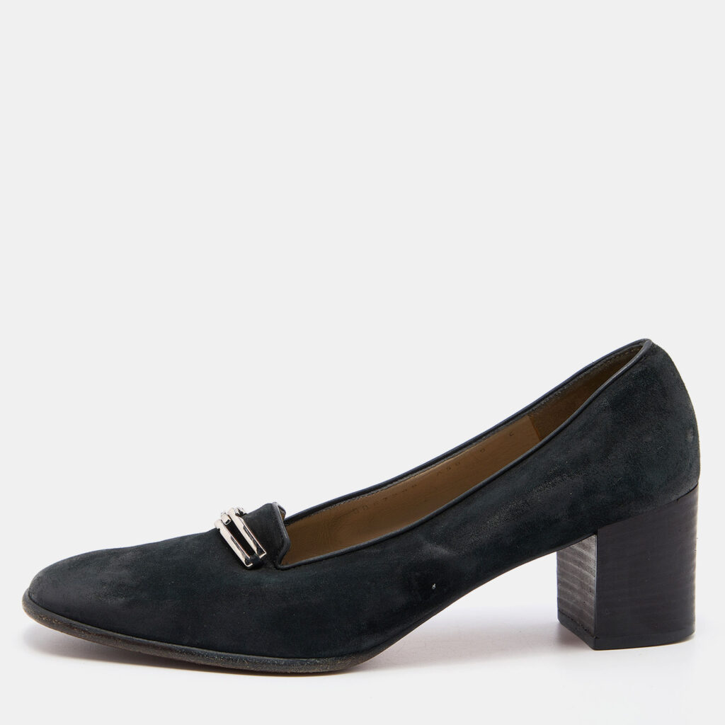 luxury-women-salvatore-ferragamo-used-shoes-p790599-010 Salvatore Ferragamo Black Nubuck Leather Block Heel Pumps Size 39.5