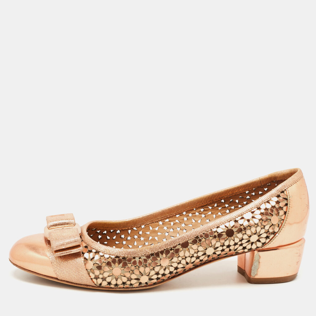luxury-women-salvatore-ferragamo-used-shoes-p801610-001 Salvatore Ferragamo Metallic Leather Laser Cut Vara Bow Pumps Size 36.5
