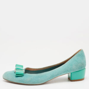 Salvatore Ferragamo Blue Suede and Patent Bow Varina Ballet Flats Size 37.5