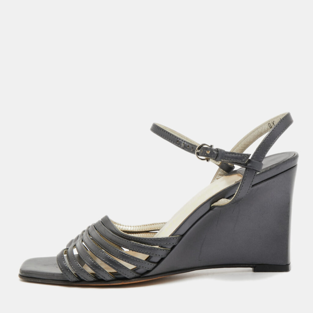 Salvatore Ferragamo Grey Leather Strappy Wedge Sandals Size 36.5