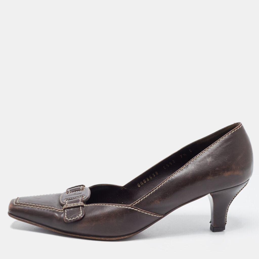 luxury-women-salvatore-ferragamo-used-shoes-p843223-001 Salvatore Ferragamo Brown Leather Square Toe Pumps Size 38
