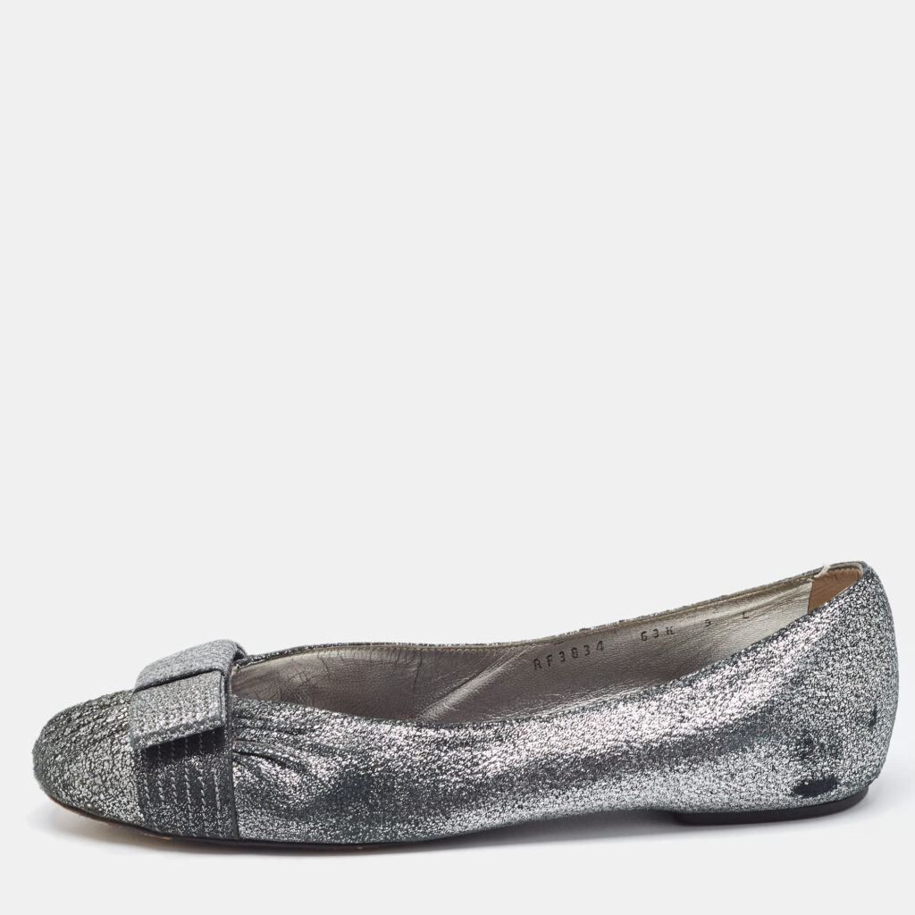 luxury-women-salvatore-ferragamo-used-shoes-p901505-001 Salvatore Ferragamo Metallic Silver Suede Bow Ballet Flats Size 39.5