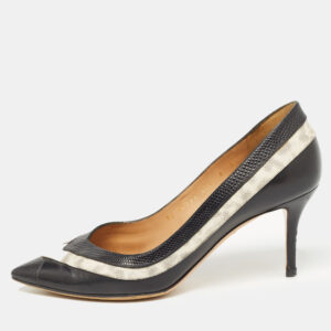 Salvatore Ferragamo Black/White Textured Leather Pointed Toe Pumps Size 38.5