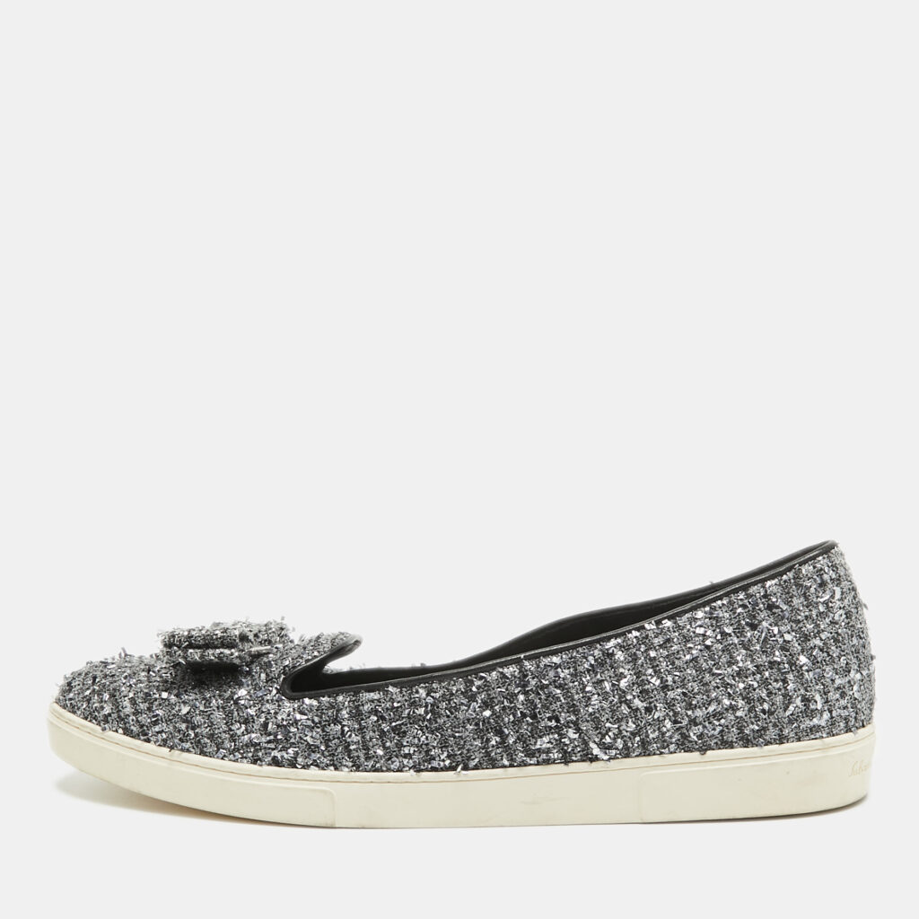 luxury-women-salvatore-ferragamo-used-shoes-p927684-001 Salvatore Ferragamo Silver Tweed Bow Slip On Sneakers Size 41.5