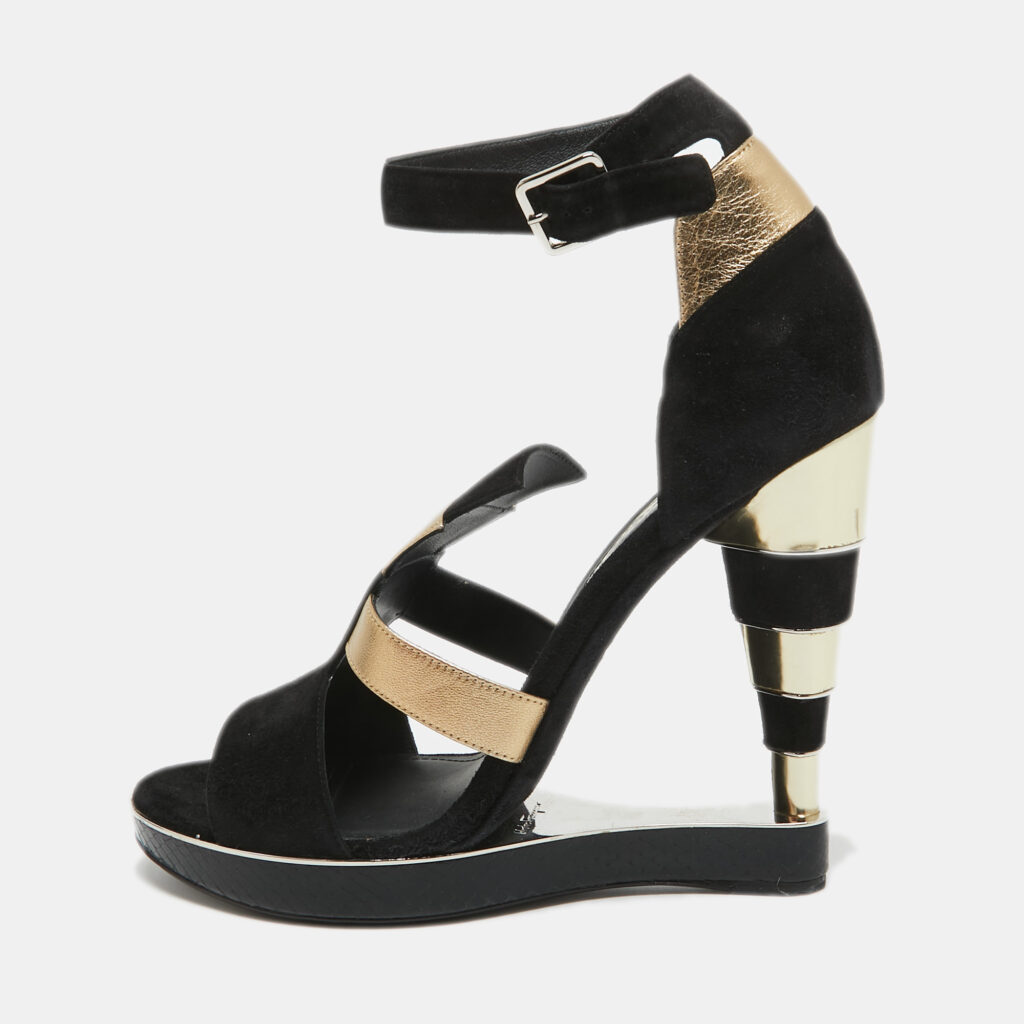 luxury-women-salvatore-ferragamo-used-shoes-p953058-001 Salvatore Ferragamo Black/Gold Suede, Watersnake and Leather Lexus Platform Sandals Size 39.5