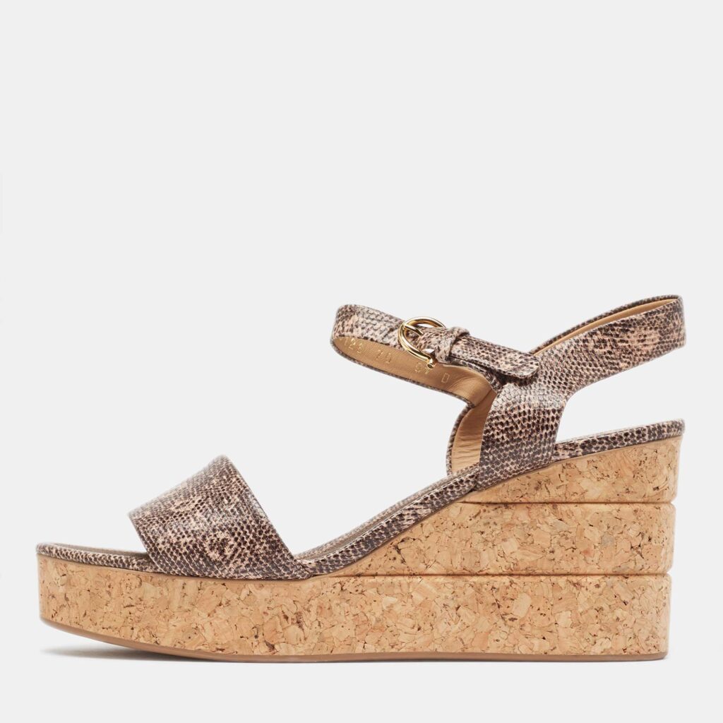 luxury-women-salvatore-ferragamo-used-shoes-p961346-003 Salvatore Ferragamo Brown Lizard Embossed Leather Madea Cork Wedge Sandals Size 40