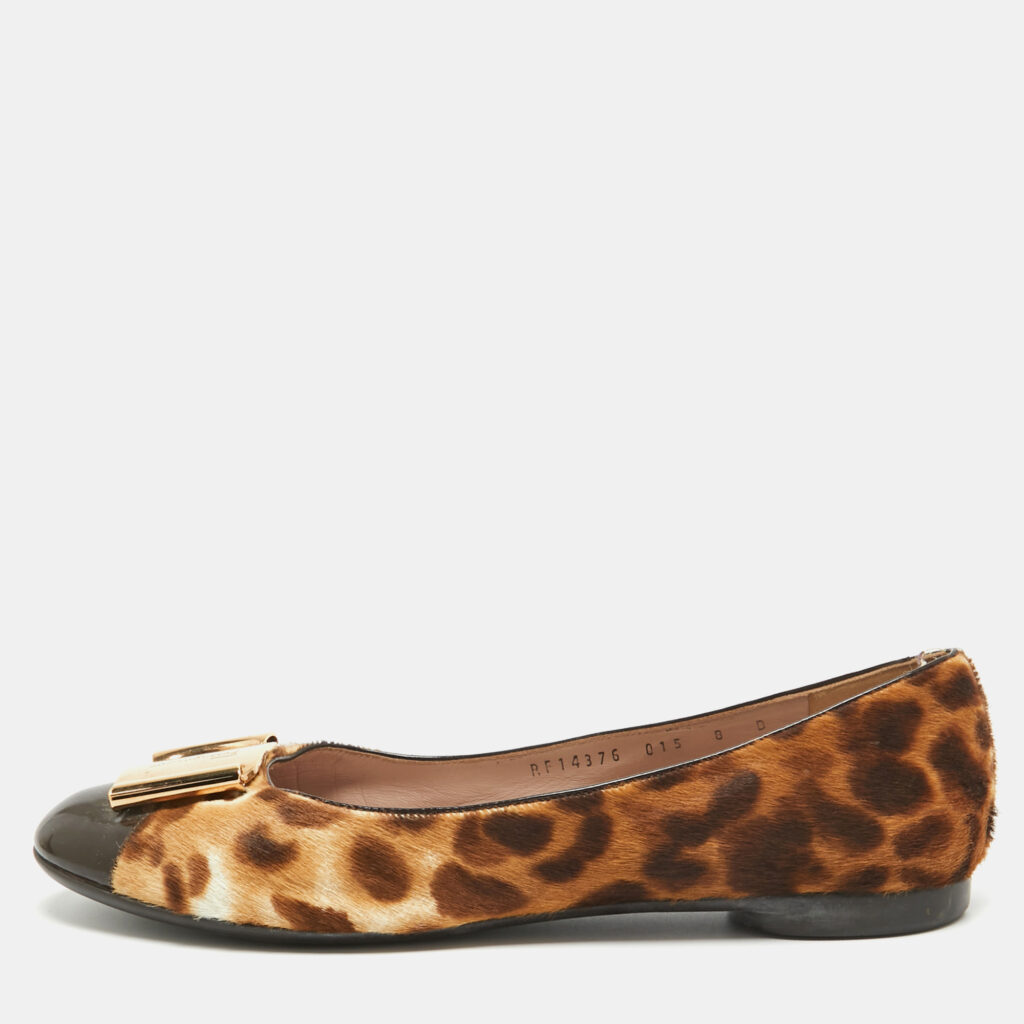 Salvatore Ferragamo Two Tone Leopard Print Calf Hair and Patent Sun Ballet Flats Size 38.5