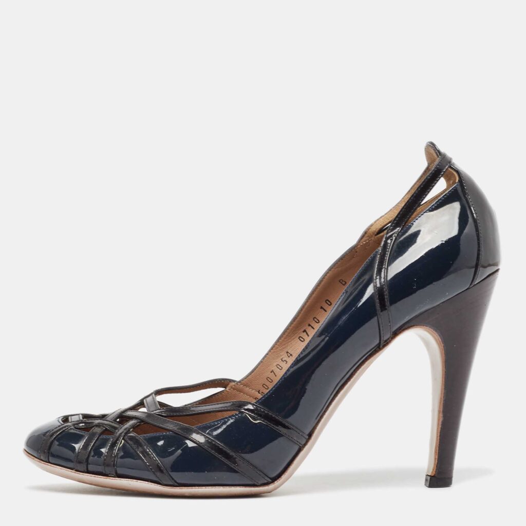 luxury-women-salvatore-ferragamo-used-shoes-p978486-003 Salvatore Ferragamo Dark Blue/Black Patent Leather Strappy Pumps Size 40.5