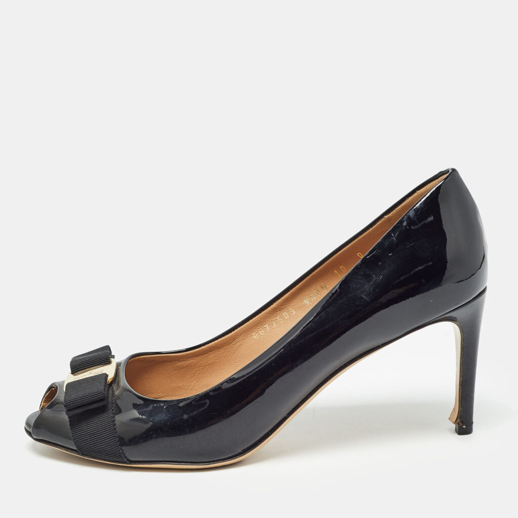 luxury-women-salvatore-ferragamo-used-shoes-p980503-003 Salvatore Ferragamo Black Patent Leather Vara Bow Peep Toe Pumps Size 40.5