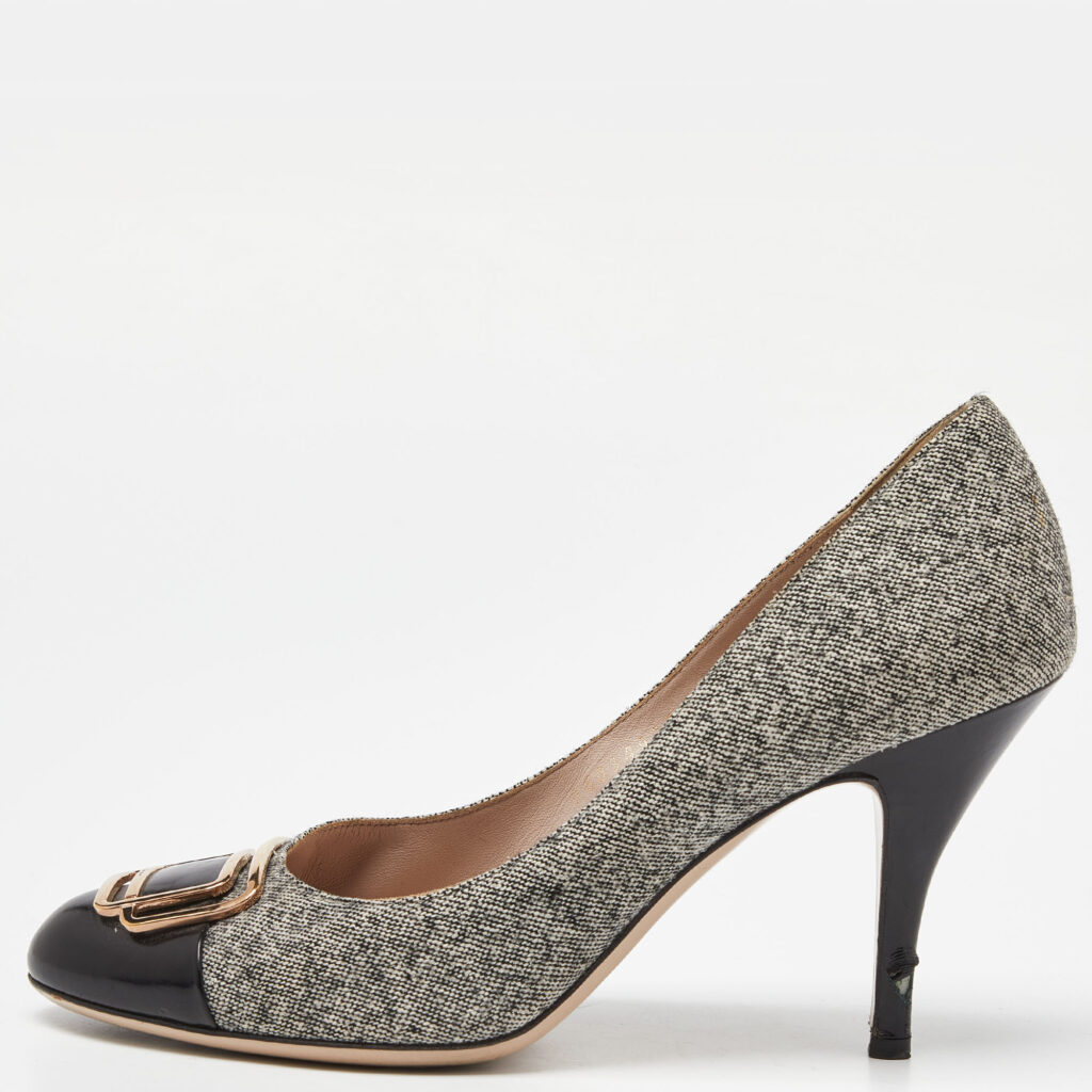 luxury-women-salvatore-ferragamo-used-shoes-p991843-009 Salvatore Ferragamo Black/Grey Leather and Tweed Buckle Detail Pumps Size 39.5