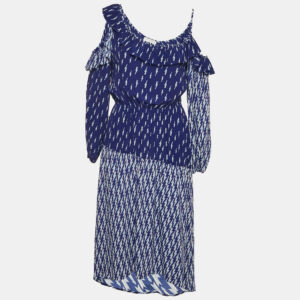 Sandro Blue Lightning Bolt Print Crepe Cold-Shoulder Midi Dress M