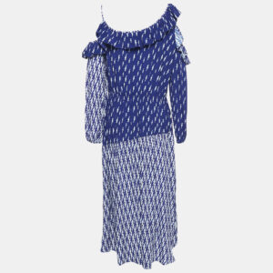 Sandro Blue Lighting Print Crepe Ruffled Cold Shoulder Midi Dress L