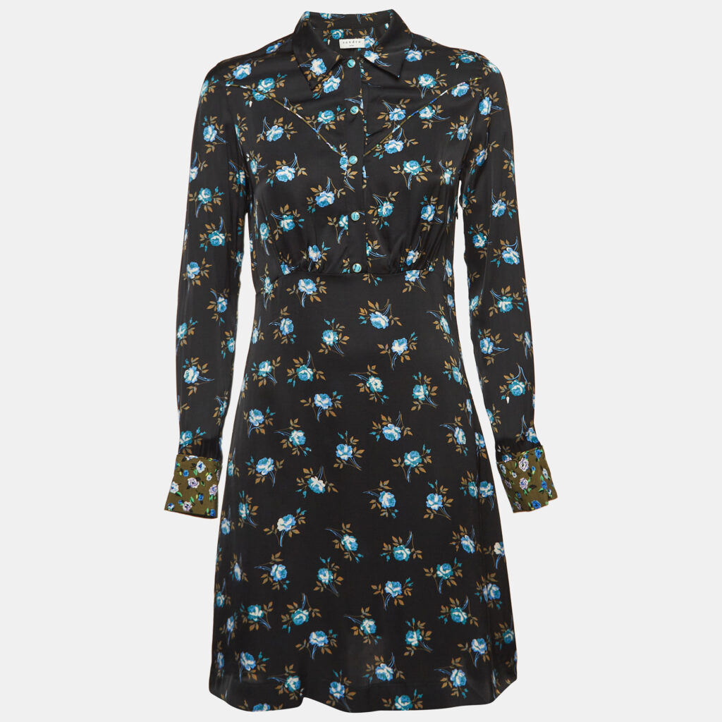 luxury-women-sandro-used-clothes-p1033678-003 Sandro Black Floral Print Satin Short Dress S