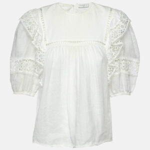 Sandro White Ramie Lace Trim Ruffled Top L