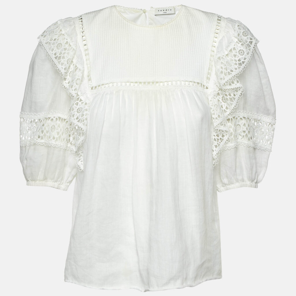 Sandro White Ramie Lace Trim Ruffled Top L