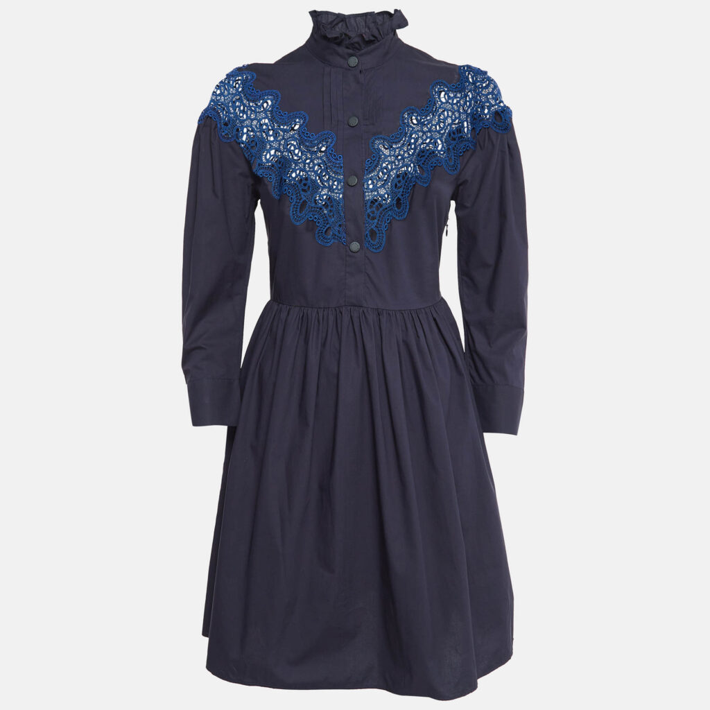 luxury-women-sandro-used-clothes-p1041572-001 Sandro Navy Blue Cotton Lace Trim Ruffled Collar Mini Dress XS