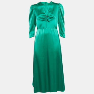 Sandro Green Satin Silk Ruche Detail Midi Dress L