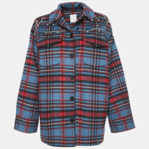 Sandro Multicolor Plaid Embellished Wool Blend Single Breasted Jacket XL
