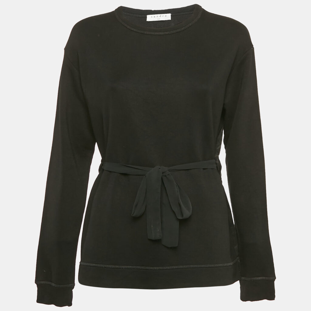 Sandro Black Knit and Satin Waist Tie-Up Detail Top M