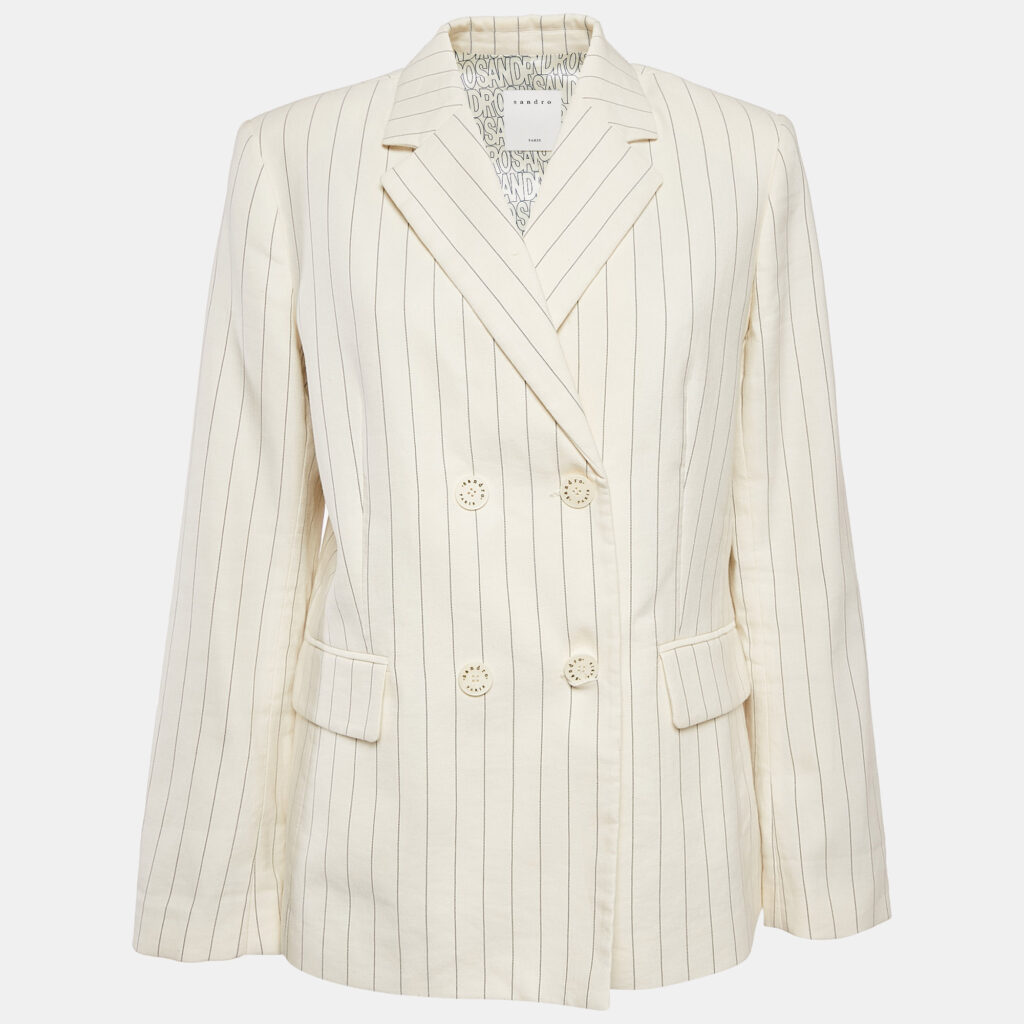 luxury-women-sandro-used-clothes-p1111588-004 Sandro Off-White Striped Cotton Blend Double Breasted Blazer XL