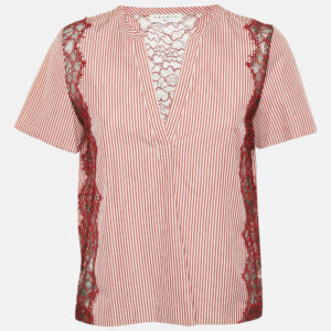 Sandro Red Stripe Cotton Lace Trimmed Top S