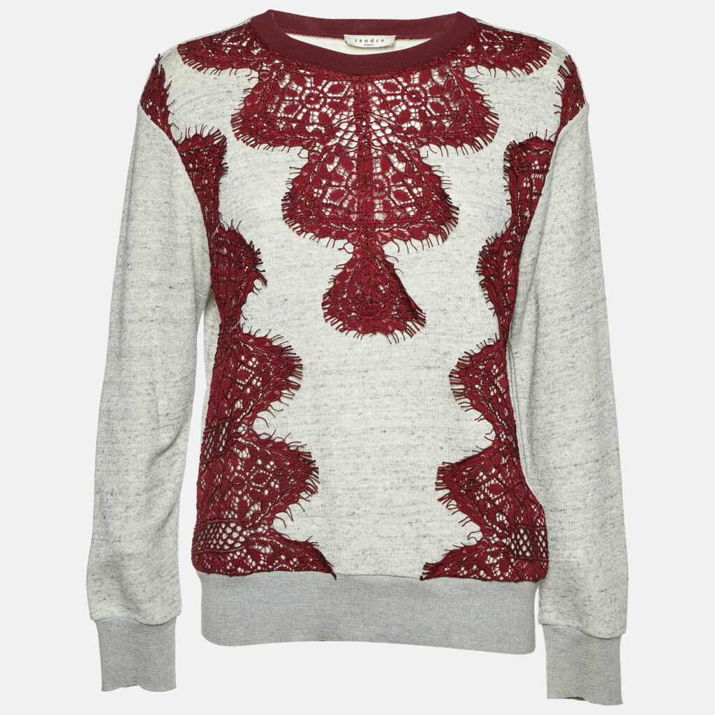 luxury-women-sandro-used-clothes-p1113916-001 Sandro Grey Cotton Lace Trim Crew Neck Sweatshirt M