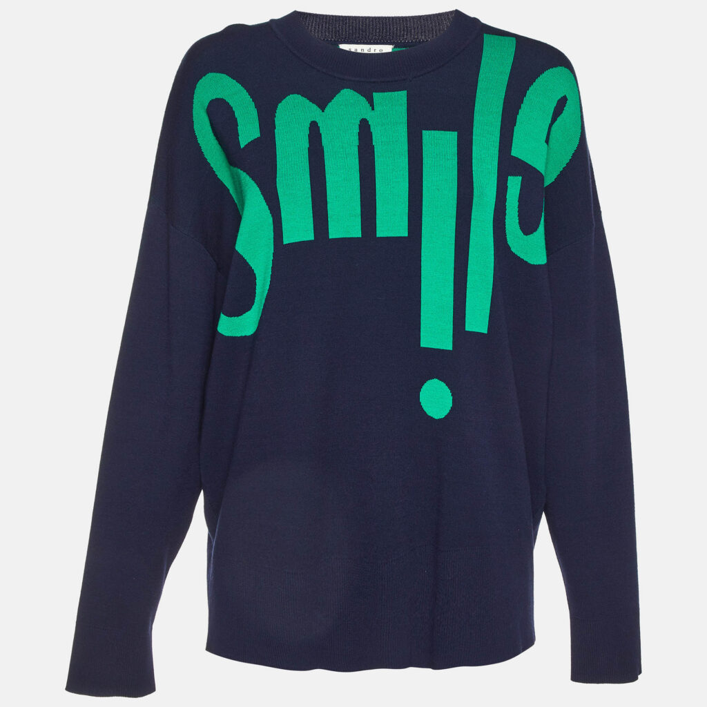 luxury-women-sandro-used-clothes-p1115017-001 Sandro Blue/Green Smile Intarsia Knit Crewneck Sweater L