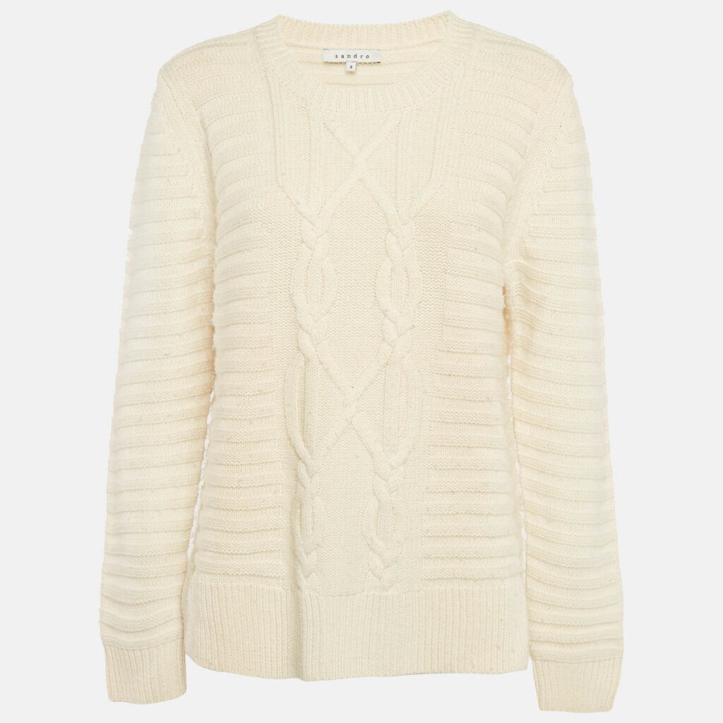 luxury-women-sandro-used-clothes-p1122150-006 Sandro Cream Cable Knit Crewneck Sweater L