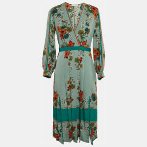 Sandro Green Floral Print Crepe Pleat Detail V-Neck Midi Dress M
