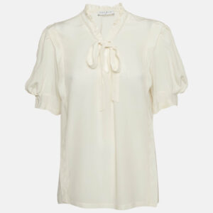 Sandro Off-White Silk Ruffled Tie-Up Neck Detail Blouse L