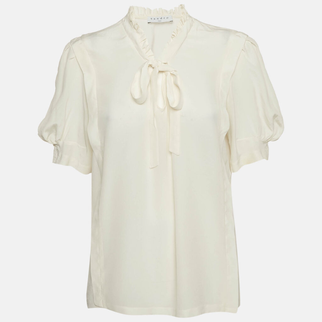 Sandro Off-White Silk Ruffled Tie-Up Neck Detail Blouse L