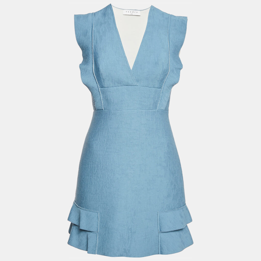 luxury-women-sandro-used-clothes-p1144995-006 Sandro Blue Textured Pattern Ruffled Sleeveless Mini Dress M