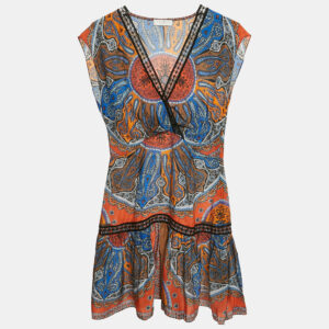 Sandro Blue/Orange Paisley Print Crepe and Lace Trim Mini Dress XS