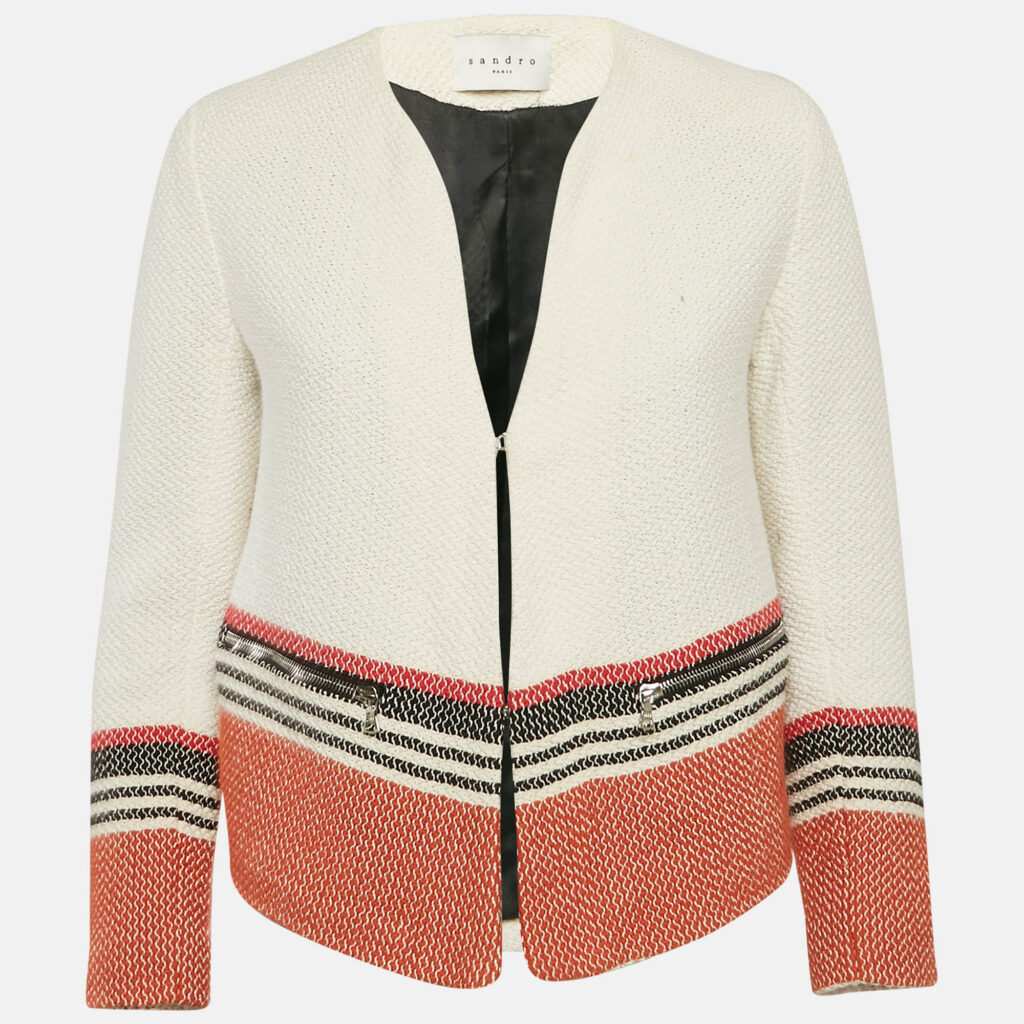 luxury-women-sandro-used-clothes-p1149076-002 Sandro White Tweed Striped Hook Front Jacket M